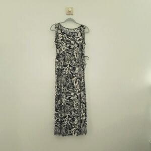 Teddi Vintage Floral Midi Dress Small Black Tan Sleeveless Tropical Hawaiian 90s